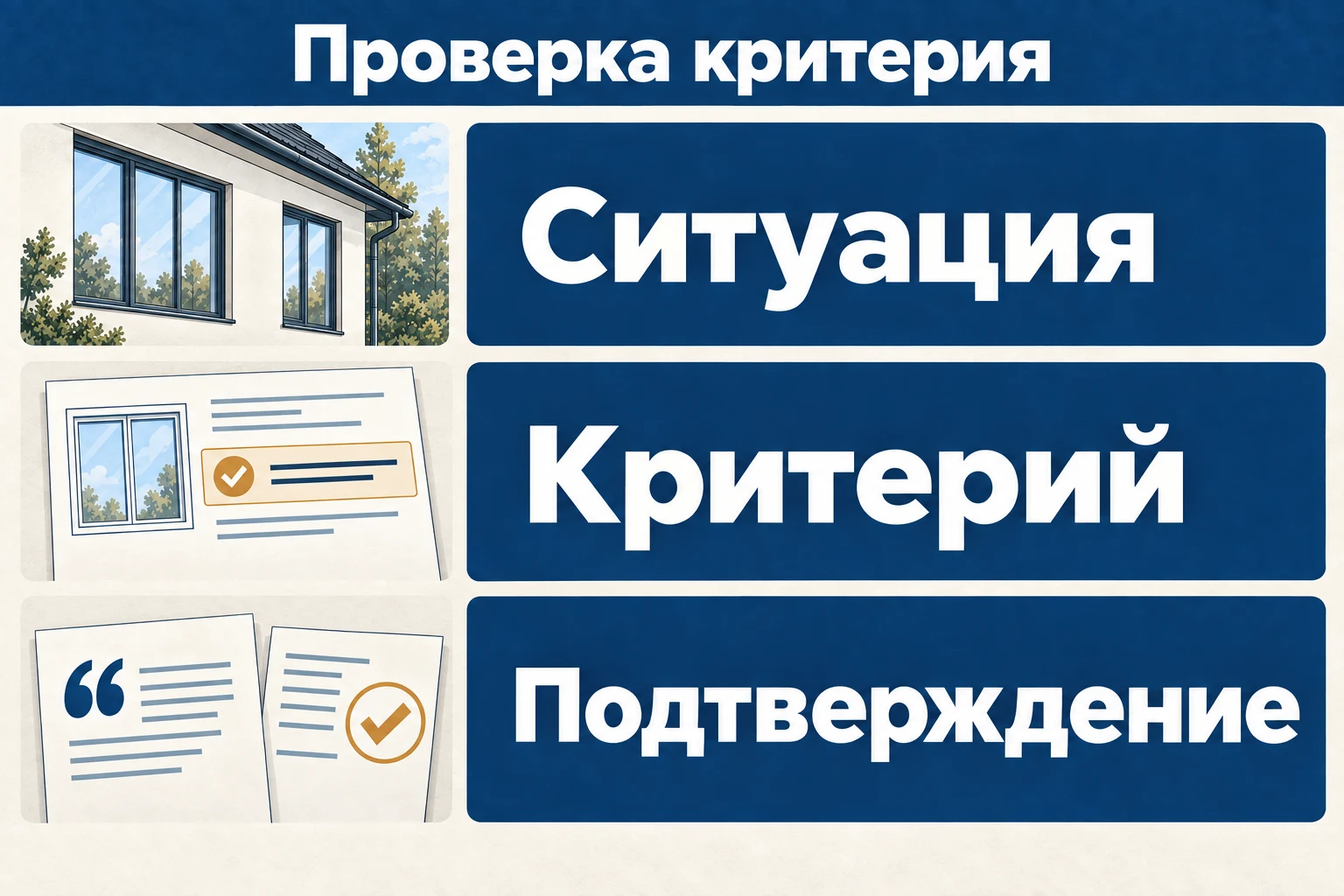 Проверка критерия связывает ситуацию, требуемое действие и подтверждение в разговоре.