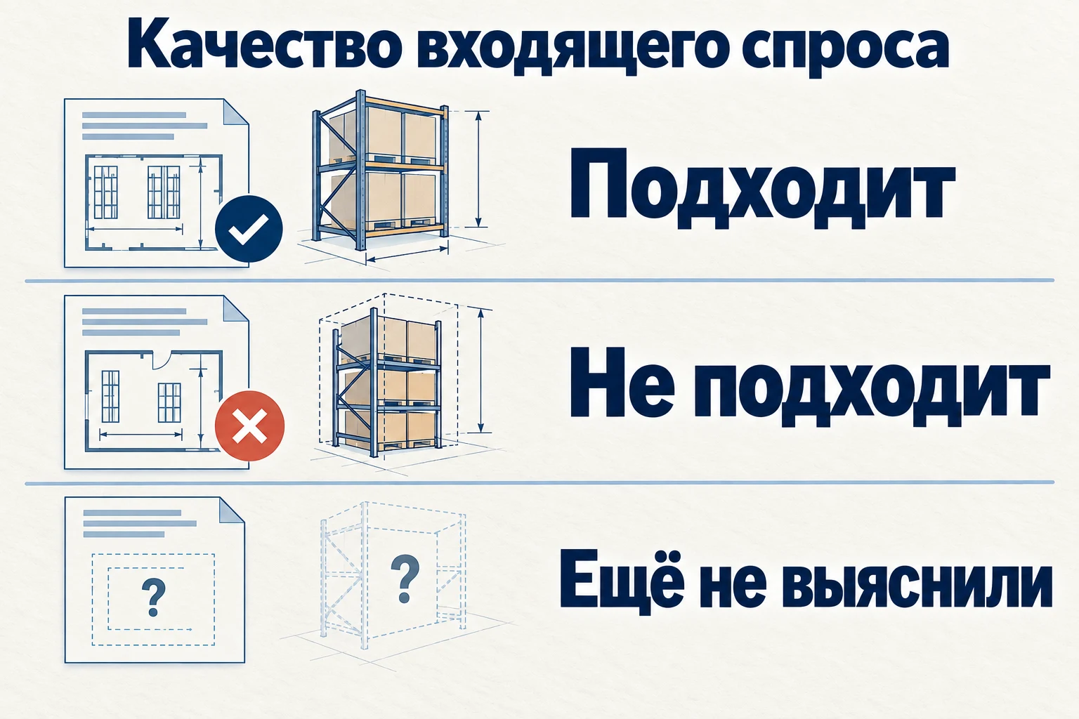 В оценке входящего спроса различают подтверждённое соответствие, несоответствие и недостаток сведений.