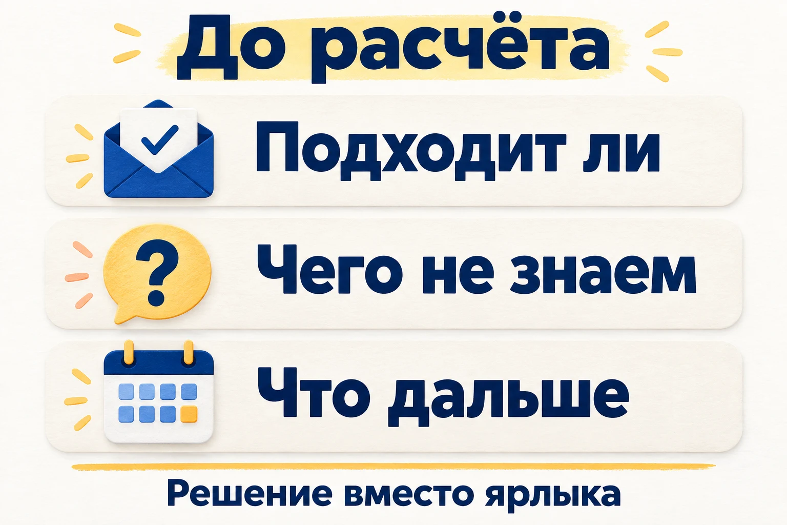 До расчёта проверяют соответствие, недостающие сведения и подходящее продолжение.