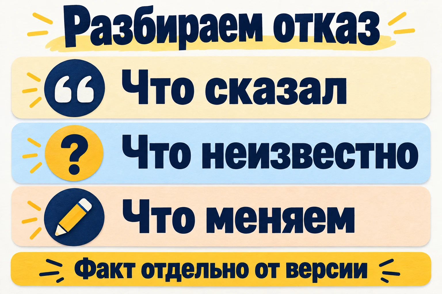Для анализа отказа нужны слова клиента, оставшиеся неизвестные и обоснованное изменение в работе.